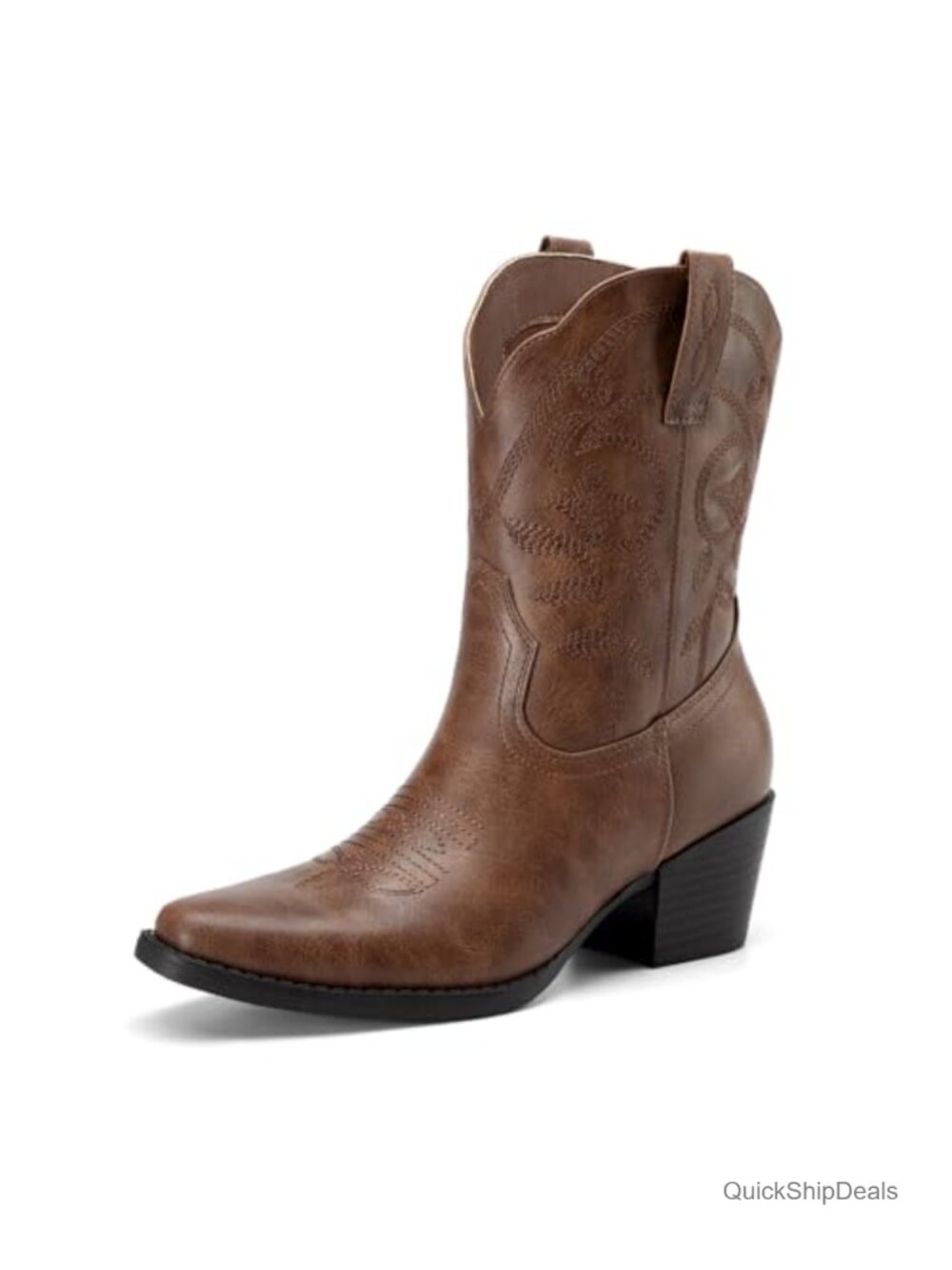 Square Toe Chunky Heel Western Ankle Boots Faux Leather Embroidered